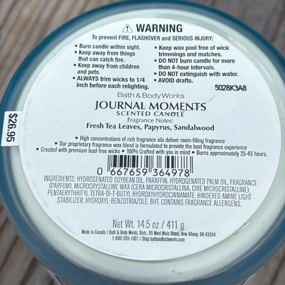 Bath & Body Works Journal Moments 3 Wick Candle With White Decorative Lid